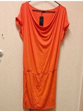 VENUS Bright Orange Drape-Neck Midi Dress